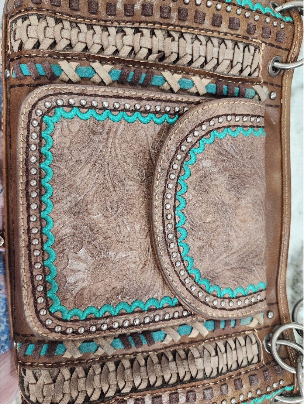 Montana West Brown Leather Handbag with Turquoise Accents and Studded Detailing - Picture 9 of 9